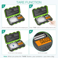 1 x RAW Customer Returns ORIA digital scales milligram scales, 50g 0.001g pocket scales, jewelry scales, precision scales with tare function, portable mini scales with 50g calibration weights and tweezers, LCD display - green - RRP €19.15