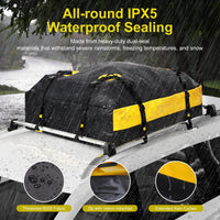 1 x RAW Customer Returns ISOPHO roof bag car roof rack bag, 15 cubic feet 425 liters waterproof foldable roof box for roof bag car without railing with railing, black yellow roof box with 6 straps, 4 of which are fixed - RRP €59.99