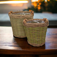 2 x Brand New MIJOMA Set of 2 Rattan Planter Plant Basket with Plastic Insert and Handles, Flower Pots Flower Basket Plant Pot Flower Pot Plant Pot 16.5 x 14 cm and 13 x 10.5 cm brown-green  - RRP €45.56