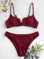 1 x RAW Customer Returns ZAFUL Women s V-Neck Bikini Set, 2-Piece Swimsuit Ribbed Fabric Single Back Knot Color Red-Model 2, M EU.38  - RRP €36.99