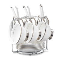 1 x Brand New Panbado coffee service set made of premium bone china porcelain, includes 6 coffee cups, 6 saucers, 6 spoons, with metal stand - RRP €52.99