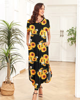 1 x RAW Customer Returns AUSELILY Summer Dress Women Long Short Sleeve Maxi Dress with Slit Boho Round Neck Casual Dress T-Shirt Dress Beach Dress with Pockets Sunflowers L - RRP €27.88