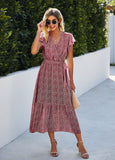 1 x RAW Customer Returns SEVETAT Women s Chiffon Boho Long Dress with Belt Summer Dress Party Dress Elegant V-Neck Maxi Dress Floral Dress Evening Dress Ruffle Beach Dress Cocktail Dress Red, S  - RRP €38.44