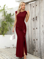 1 x RAW Customer Returns Missufe Bodycon Cocktail Wedding Formal Ball Gown Women Maxi Evening Dresses Cap Sleeve Ruffle Slit Mermaid Dress Burgundy, X-Large  - RRP €44.99