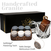 1 x RAW Customer Returns Whiskey Stones Gift Set - 6 Handcrafted Premium Granite Stones, 2 Exceptional Crystal Glasses, Hardwood Presentation and Storage Tray, Elegant Gift Box with Gold Foil - RRP €49.98