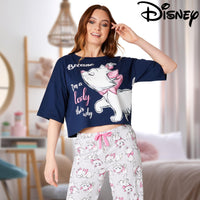 1 x RAW Customer Returns Disney Stitch Women s Pajamas - Baby Yoda Minnie Mouse Stitch Long Pajamas with Crop Top - Christmas Pajamas for Women S-XL Dark Blue Marie, L  - RRP €25.88