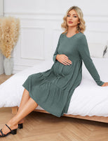 1 x RAW Customer Returns MAVIS LAVEN Women s Maternity Dress Rib Knit Crew Neck Long Sleeve Casual Maternity Dresses for Photo Shoot Baby Shower, Green M - RRP €37.74