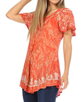 1 x Brand New Sakkas 16482 - Ash Speckled Tiedye Embroidered Cap Sleeve Blouse Top with Embroidery Hem - Brick - OS - RRP €26.21