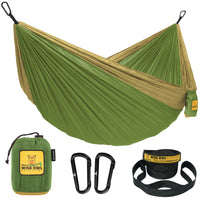 1 x Brand New Wise Owl Outfitters Hammock - Outdoor Hammock for 2 People - Ultralight Travel Hammock - Holds up to 226 kg - Camping Accessories - Includes Suspension and Carabiner Green and Khaki  - RRP €35.99