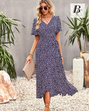 1 x Brand New BebreezChic Summer Dress Women Long Boho Floral Short Sleeve V-Neck Elegant Wrap Dress Beach Dress Maxi Dress with Belt, Blue-Violet S - RRP €37.04