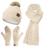 1 x RAW Customer Returns Women Winter Beanie Hat Long Scarf Touch Screen Gloves Set Knitted Pompom Hat with Fleece Lining - RRP €28.94