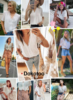 1 x RAW Customer Returns Dokotoo Women s Tee Short Sleeve T-Shirt Elegant White Lace Casual T-Shirt V-Neck Tunic Blouse Medium - RRP €32.99