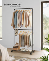 1 x RAW Customer Returns SONGMICS Clothes Rack, Clothes Rail on Wheels, 2 Rails, Metal Coat Rack, Rolling Wardrobe 91 cm Wide, with Shelf, 2 Wheels with Brakes, Load Capacity up to 20 kg per Rail, Black HSR027B01 - RRP €35.99