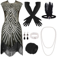 1 x RAW Customer Returns PLULON 1920s sequin beaded fringe flapper dress with 20s accessories set - RRP €37.2