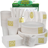 1 x RAW Customer Returns Aschef 400er Environmentally Friendly Biodegradable Tableware Set Disposable Tableware Cutlery Set made of Bagasse Compostable Paper Plates Paper Cups Knives Spoons Forks for Camping Grill BBQ Party 50 People - RRP €39.25