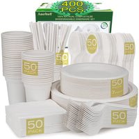 1 x RAW Customer Returns Aschef 400er Environmentally Friendly Biodegradable Tableware Set Disposable Tableware Cutlery Set made of Bagasse Compostable Paper Plates Paper Cups Knives Spoons Forks for Camping Grill BBQ Party 50 People - RRP €41.91