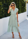 1 x RAW Customer Returns SEVETAT Women s Chiffon Boho Long Dress with Belt Summer Dress Party Dress Elegant V-Neck Maxi Dress Floral Dress Evening Dress Ruffles Beach Dress Cocktail Dress Light Green, L  - RRP €39.31