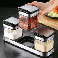 1 x RAW Customer Returns WUWEOT spice container set of 3 made of glass 220 ml spice jars spice jars spice rack glass spice box sugar and salt jar set with lid spoon and holder for kitchen and dining table black - RRP €15.12