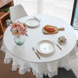 1 x Brand New WELTRXE tablecloth, pearlescent look tablecloth made of polyester with lace hem, 180 cm table cover, beautiful table decoration, round white table linen for garden, balcony, home, wedding, festival - RRP €15.17