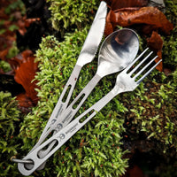 1 x RAW Customer Returns SILVERANT Titanium Camping Cutlery, Titanium Spork, Spoon, Chopsticks, Knife, Straw, Flatware Set, Portable Tableware for Lunch Box, Outdoor and Hiking, Comes with Drawstring and Carabiner - Polished - RRP €31.99