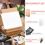 1 x RAW Customer Returns Painting Easel, Set of 34 pieces of acrylic painting with beech wood table easel, 24 Acrylic Colors, 6 Paint Brushes - Canvas 24x30cm, Palette Knife and Palette - RRP €39.99