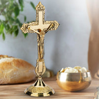 1 x RAW Customer Returns Ajuny Brass Crucifix Decorative Cross with Stand Catholic Jesus Christ Statue Tabletop for Home Office Church Decor Religious Gifts Golden - RRP €20.4