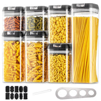 1 x RAW Customer Returns Hanobe Airtight Kitchen Food Containers Pasta Jars 7 Pieces Plastic Biscuit Holders Stackable Jar with Black Easy-Closing Lids - RRP €37.98