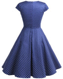 1 x Brand New bbonlinedress 1950s Vintage Retro Cocktail Dress Rockabilly V-Neck Pleated Skirt Navy Small White Dot XS - RRP €40.7