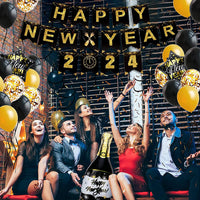 3 x Brand New New Year s Eve Party Supplies 2024 Set Happy New Year Banner Gold Black Paper Flag Pennant Chain Swirl Streamers Pom Poms Star Garland Balloons for NYE Decorations 2024 New Year s Eve Party - RRP €57.6