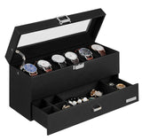 1 x RAW Customer Returns VASIHO 6 Compartment Watch Box, Glass Lid, Lockable, 2 Tier Jewelery Case, 1 Drawer, Ring, Watch Case with Lock, Black SSH206BV1 - RRP €24.99