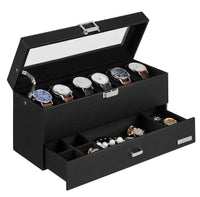 1 x RAW Customer Returns VASIHO 6 Compartment Watch Box, Lockable Glass Lid Watch Case, 2 Tier Jewelry Case, 1 Drawer, Ring, Watch Case with Lock, Black SSH206BV1 - RRP €24.99