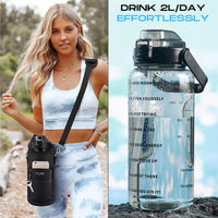 1 x RAW Customer Returns Motivational water bottle 2L Includes neoprene cover with pockets, strap, straw, brush Waterproof automatic stopper with security lock Drinking bottle for gym, sports, trekking BPA free - RRP €22.8