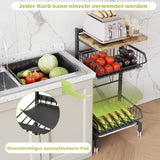 1 x RAW Customer Returns COVAODQ Vegetable Rack for Kitchen, Stackable Fruit Basket Vegetables, Storage Trolley Kitchen Trolley with Lockable Wheels and Wooden Plate, for Bathroom, Kitchen, Office, Towels Plank  - RRP €59.99