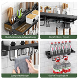 1 x RAW Customer Returns KYYLZ spice rack wall, kitchen holder without drilling with 6 hooks rods, black stainless steel hook rail kitchen helper hanging rail, spice rack kitchen shelf wall organizer for kitchen and bathroom 40 14.8 5.2CM  - RRP €17.14