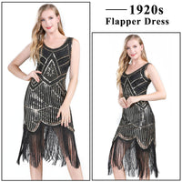 1 x RAW Customer Returns FEPITO 1920s V-Neck Sequin Fringe Dress with 20s Accessories Pure Black Gold, Medium  - RRP €39.59