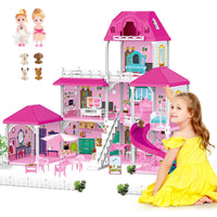 1 x RAW Customer Returns deAO Dollhouse, 3-st ckige Large Dream Doll House 83 52 63cm with Accessories 2 Dolls, 4 Miniature Dog Figures, Furniture, Slides, Dollhouse for Girls Plastic Dollhouse  - RRP €54.99