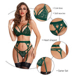 1 x RAW Customer Returns RSLOVE Women s Lingerie Set with Garters - 3-Piece Lace Teddy Babydoll Bodysuit Green Extra Large - RRP €22.49