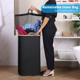 1 x RAW Customer Returns efluky laundry basket with lid, 100 liter high laundry box with bamboo handle and inner pocket, foldable large XXL laundry basket collector, laundry baskets for bedroom bathroom, black - RRP €29.99