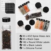 1 x RAW Customer Returns Tebery 30pcs Spice Jars Square Glass Bottles with Black Caps 4oz Empty Spice Containers Shakers Complete Organizer Set with Shaker Lids Wide Funnel and Labels - RRP €28.21