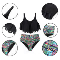 1 x RAW Customer Returns Mooncore Tankini Women s Tummy Control High Waist Bikini Set Two Piece Swimwear Ruffle Printed Swimsuit Black Graffiti, XL  - RRP €32.99