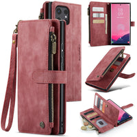 1 x RAW Customer Returns UEEBAI Mobile Phone Case for Samsung Galaxy S24 Ultra 5G, Retro Zipper Case PU Leather Soft Folding Case Magnetic Closure Card Slot Stand Function Wallet with Carrying Strap Protective Case - Wine Red - RRP €19.99