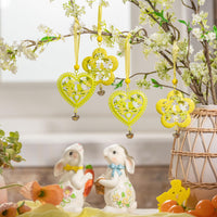 8 x Brand New Valery Madelyn Set of 4 Easter Ornaments, Spring Decor, Metal Hanging Tree Ornaments, Yellow and Green Heart, Flower with Birds and Small Bell, Pendants for Decor - RRP €153.6