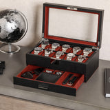 1 x RAW Customer Returns ROTHWELL Leather Watch Box 10 Compartments with Drawer Luxury Watch Case with Soft Cushion Lockable Jewelry Watch Holder with Large Glass Lid Black Red  - RRP €127.71