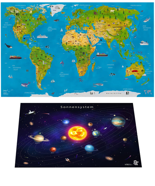 1 x RAW Customer Returns WIDETA illustrated world map in German, for children and adults poster XXL 82 x 44 cm , laminated extra thick paper 300 g m2, bonus map solar system - RRP €17.93