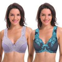 1 x RAW Customer Returns Curve Muse Women s Minimizer Unlined Underwire Bra with Lace Embroidery - 2 Pack-Lavender, Grey-36F - RRP €37.2