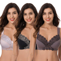 1 x RAW Customer Returns Curve Muse Plus Size Unlined Minimizer Wireless Bra with Embroidered Lace-3 Pack-Pink,Black,Gray-110D - RRP €52.02