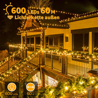 1 x RAW Customer Returns Ollny outdoor fairy lights 60M 600 LED, fairy lights with remote control 8 modes timer, IP44 waterproof fairy lights power for party wedding garden balcony warm white  - RRP €28.73