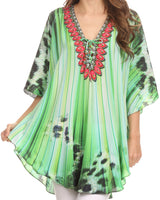 1 x Brand New Sakkas KF2020768AT - Balloon Top Tallulah Large Circle Blouse Poncho Top with Tie Neck Enclosure with Beading - Bright Green Multi - OS - RRP €51.99