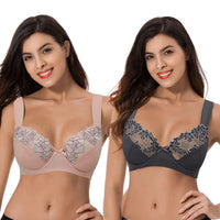 1 x RAW Customer Returns Curve Muse Women s Plus Size Minimizer Underwire Bra with Embroidered Lace - 2 Pack-Pink,Dark Grey-110F - RRP €38.99