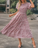 1 x RAW Customer Returns Women Summer Round Neck Ruffles Short Sleeve Boho Long Dress A Line High Waist Floral Maxi Dress Tiered Summer Dress Dresses Beach Dress 2023, Pink, S - RRP €33.26